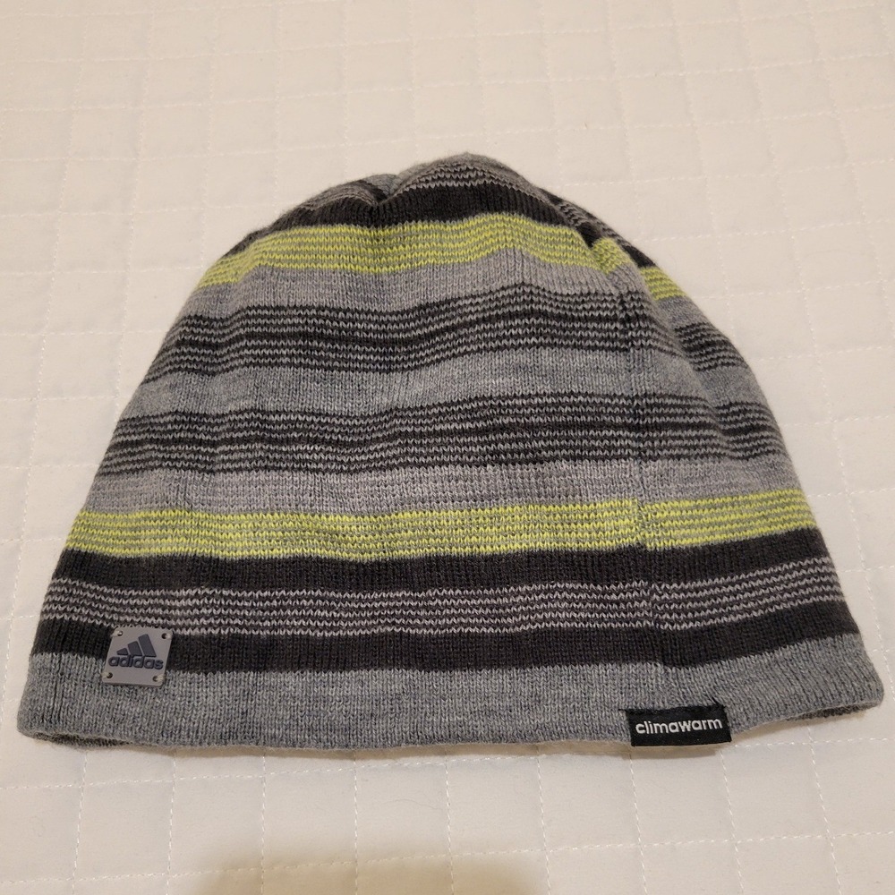 Y2K Adidas Climawarm Men Grey Yellow Striped Knit Beanie Fleece Lined Winter Hat
